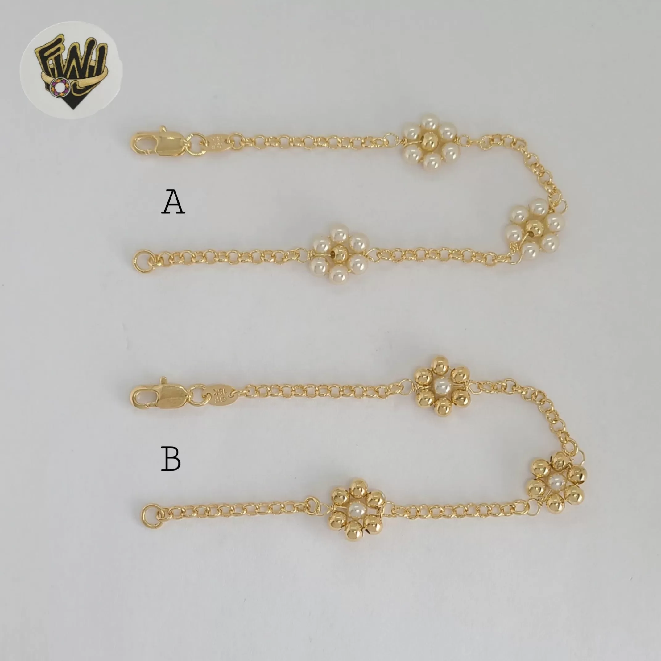 (1-0766) Gold Laminate - 3mm Link Flower Pearl Bracelet - BGF