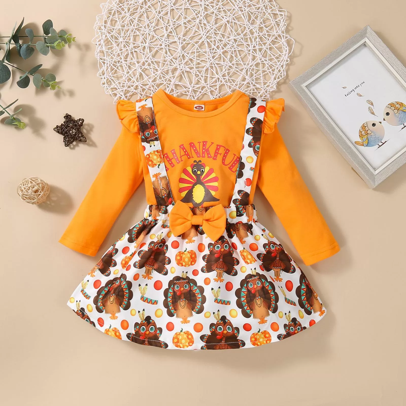 2022 Girls Solid Color Long Sleeve Top Thanksgiving Print Strap Skirt Set