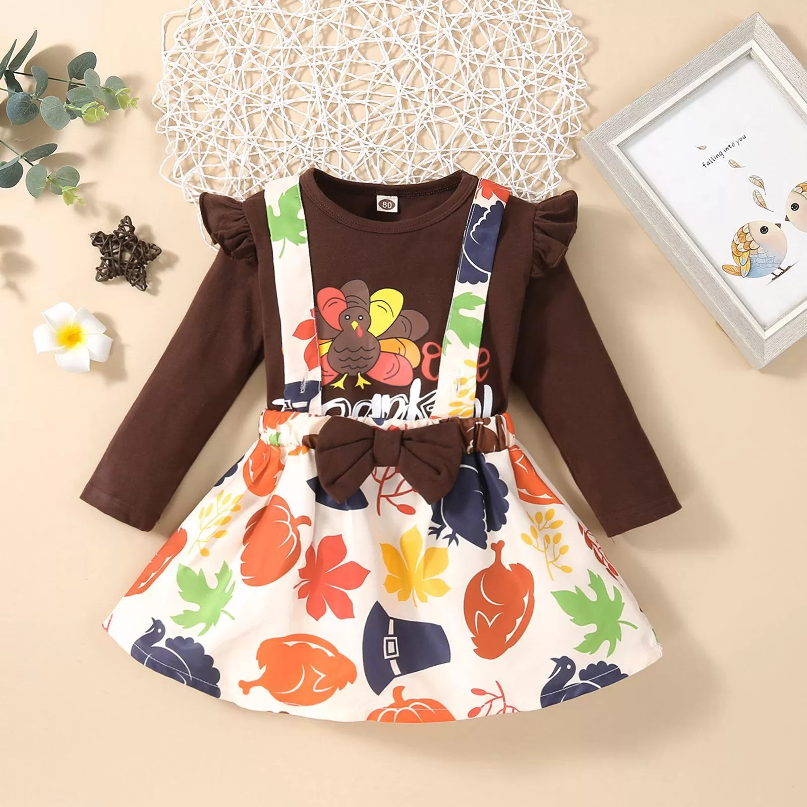 2022 Girls Solid Color Long Sleeve Top Thanksgiving Print Strap Skirt Set