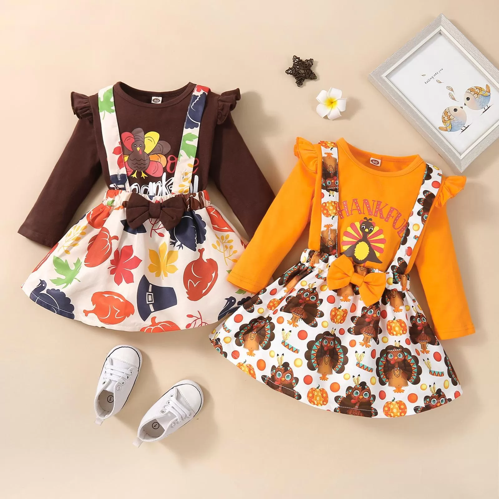 2022 Girls Solid Color Long Sleeve Top Thanksgiving Print Strap Skirt Set