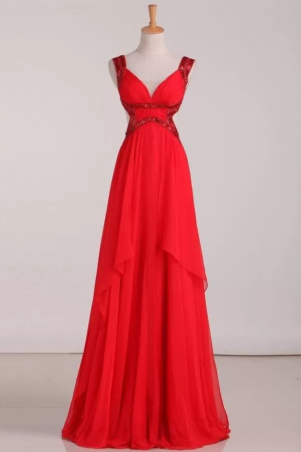 2024 New Arrival Straps Prom Dresses Chiffon With Beads And Ruffles Open P725139B