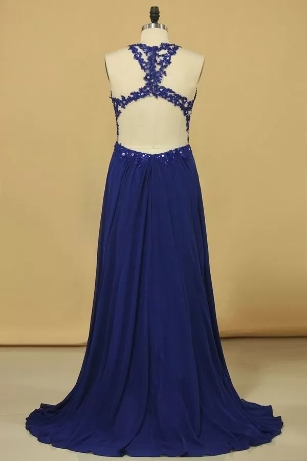 2024 Prom Dresses A Line Scoop Chiffon With Applique Floor PS3MD9YT