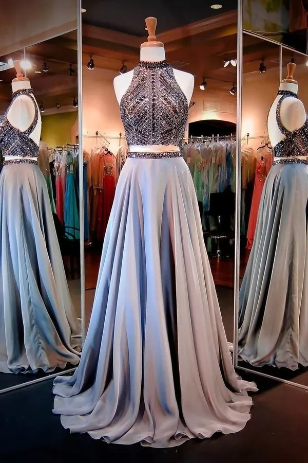 2024 Prom Dresses High Neck Beaded Bodice A Line Chiffon PJYXDACC