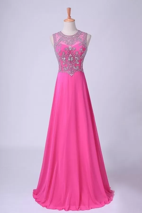 2024 Scoop A-Line Chiffon&Tulle Floor-Length Prom Dresses With Beads PDHB8NG4