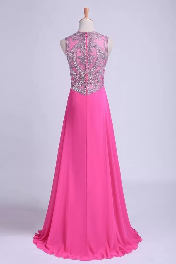 2024 Scoop A-Line Chiffon&Tulle Floor-Length Prom Dresses With Beads PDHB8NG4