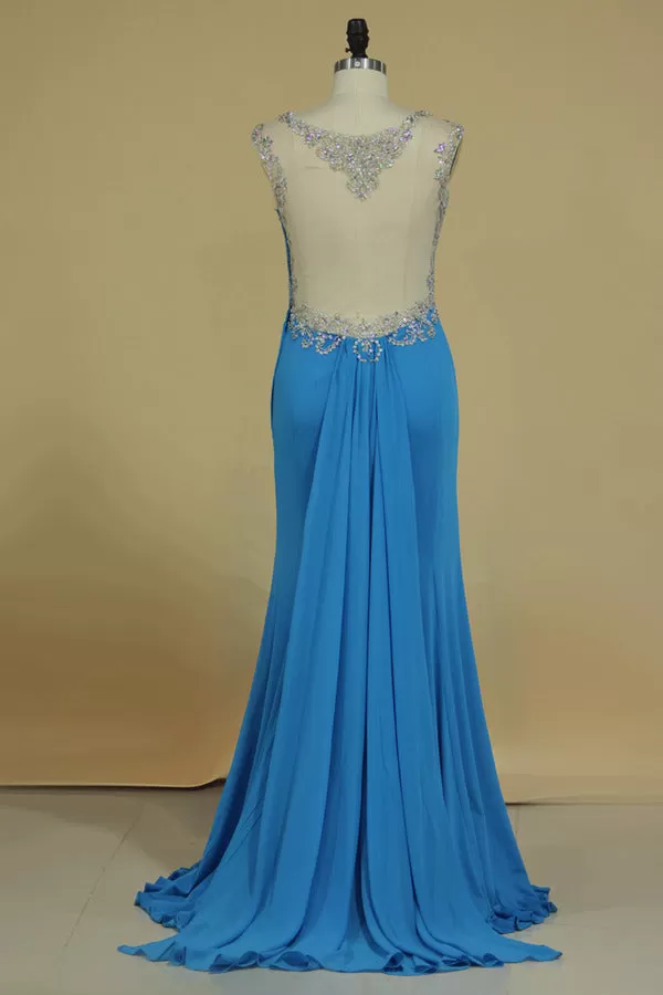 2024 Scoop Mermaid Prom Dresses Beaded Bodice Sweep PSB575RD