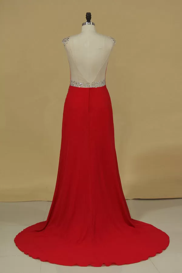 2024 Scoop Sheath Prom Dresses Open Back Chiffon PGM6MF82