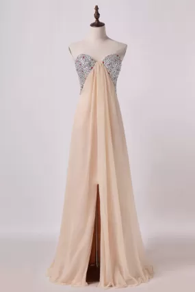 2024 Sweetheart A Line Prom Dresses Chiffon With Slit&Beads P1KGSEYT