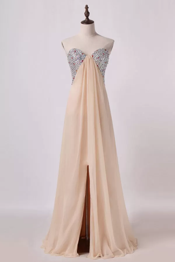 2024 Sweetheart A Line Prom Dresses Chiffon With Slit&Beads P1KGSEYT