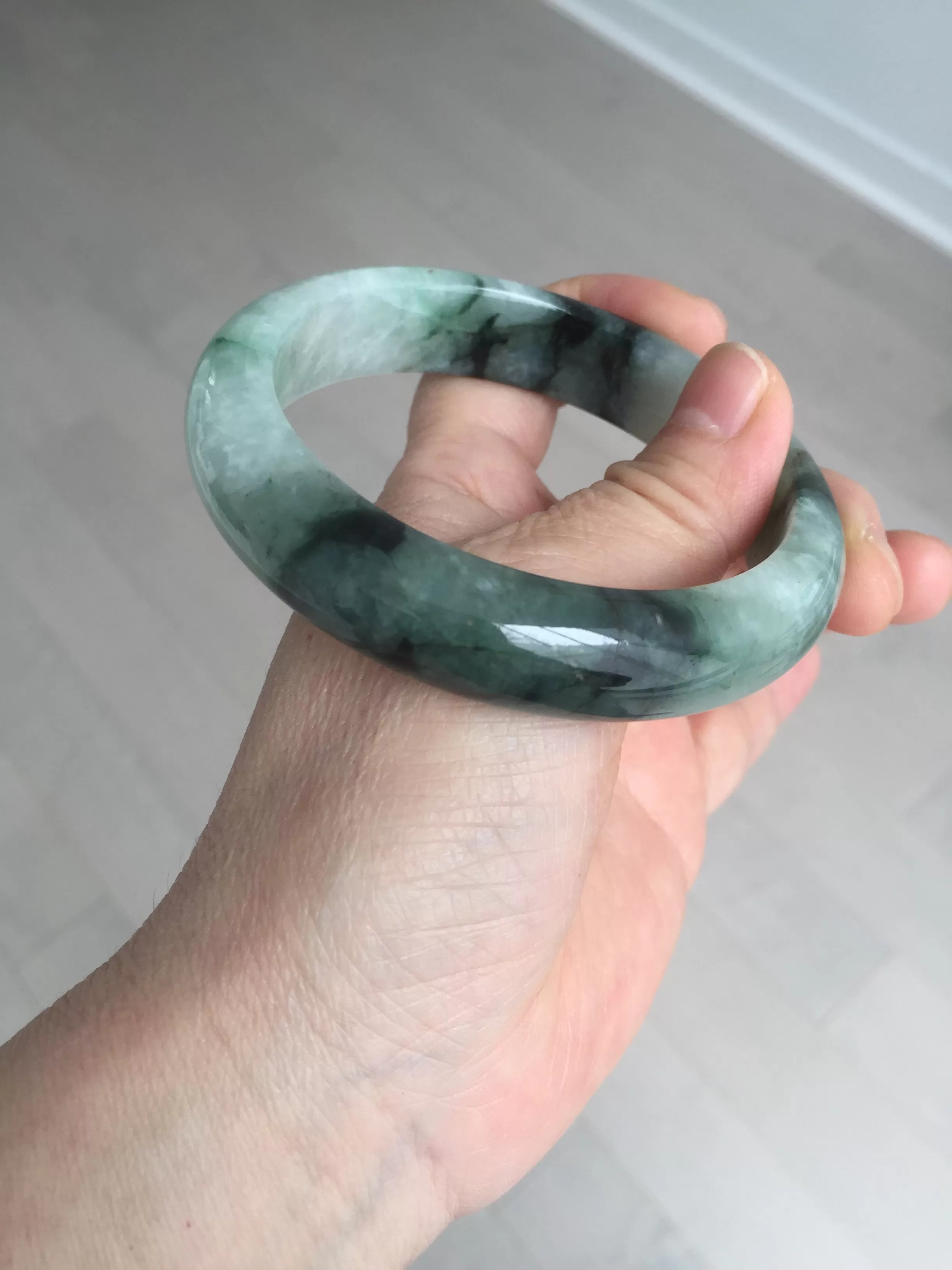 60.3mm certified type A 100% Natural green/black Jadeite Jade bangle BM42-8565