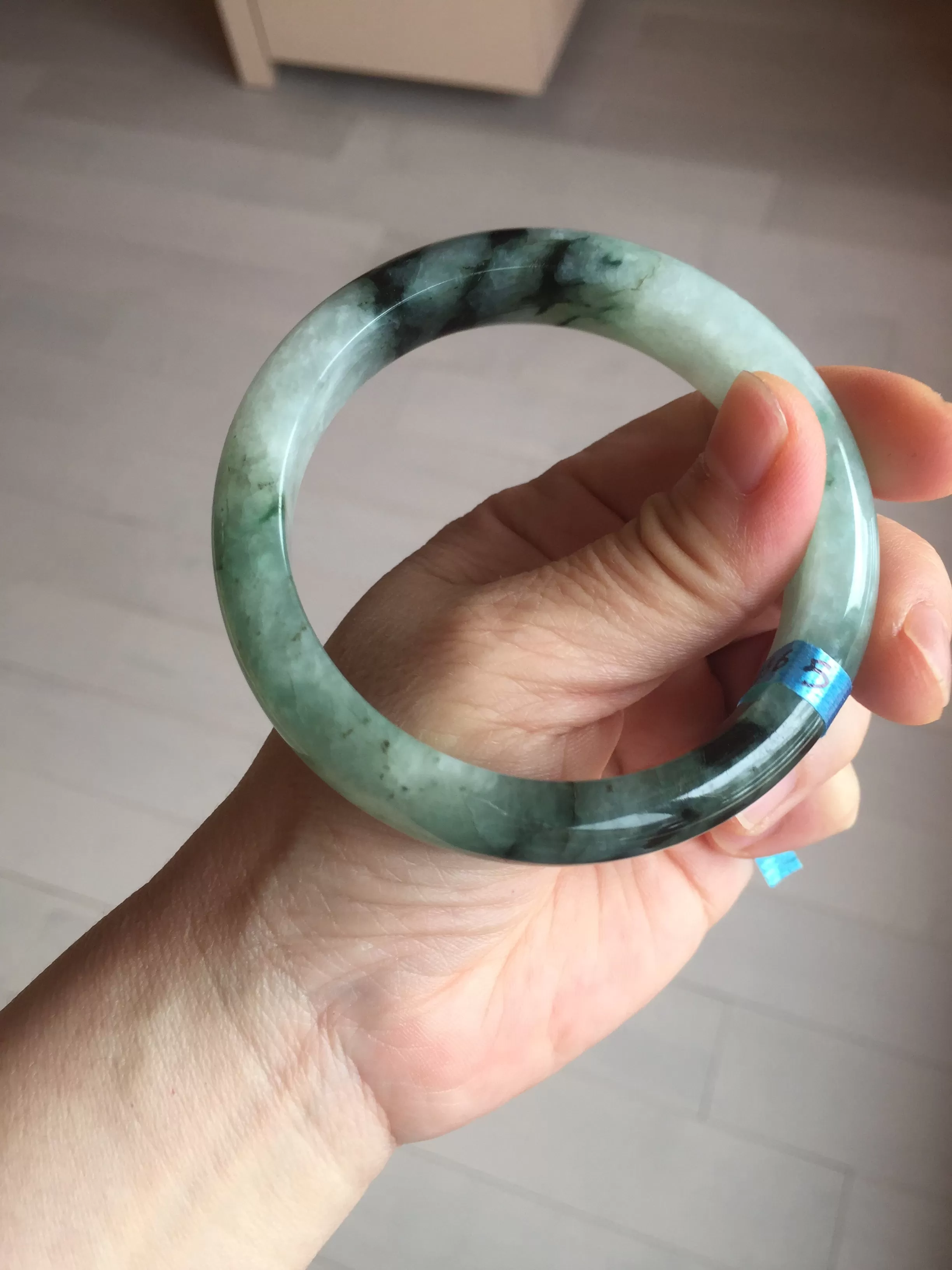 60.3mm certified type A 100% Natural green/black Jadeite Jade bangle BM42-8565