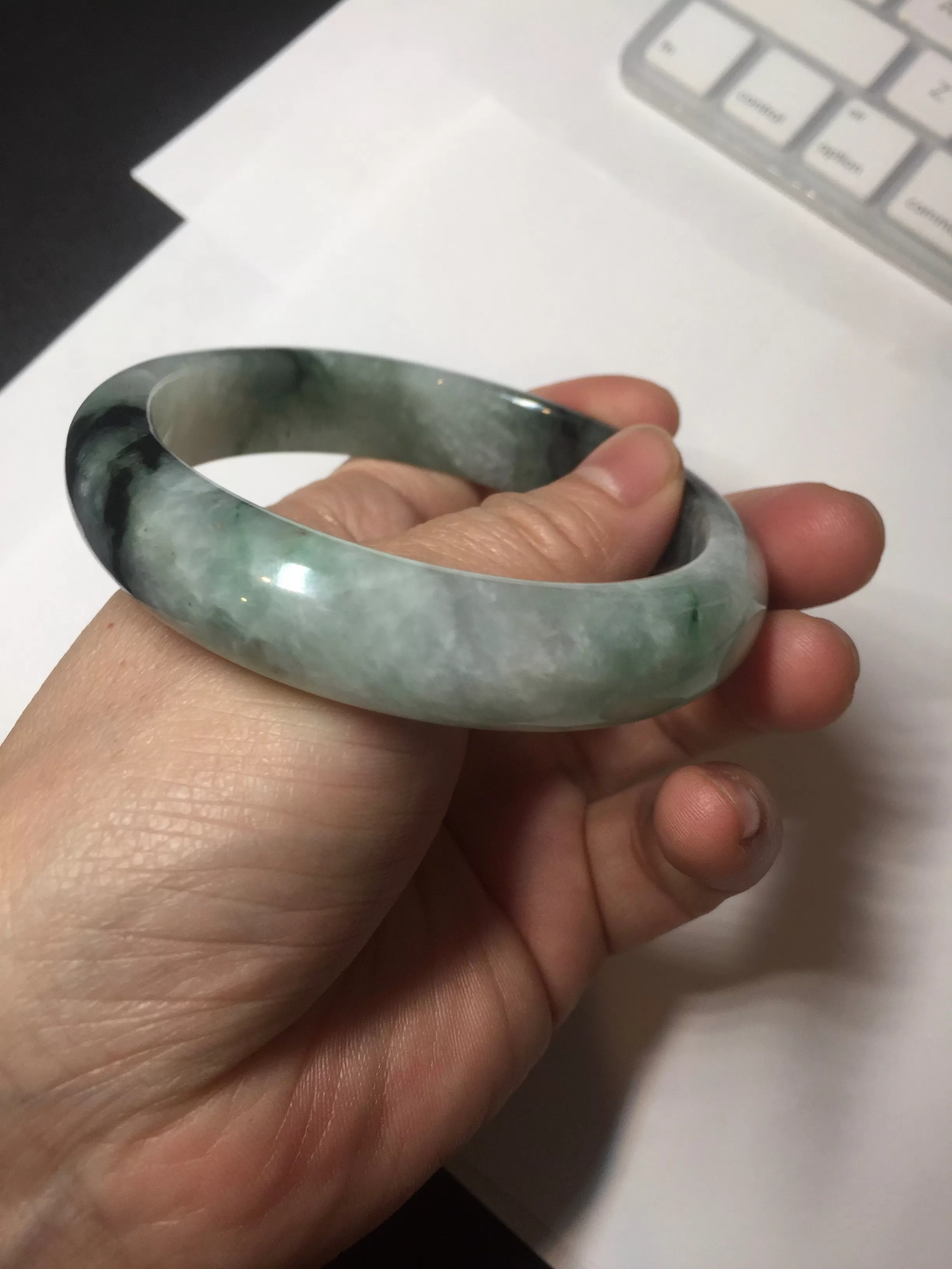 60.3mm certified type A 100% Natural green/black Jadeite Jade bangle BM42-8565