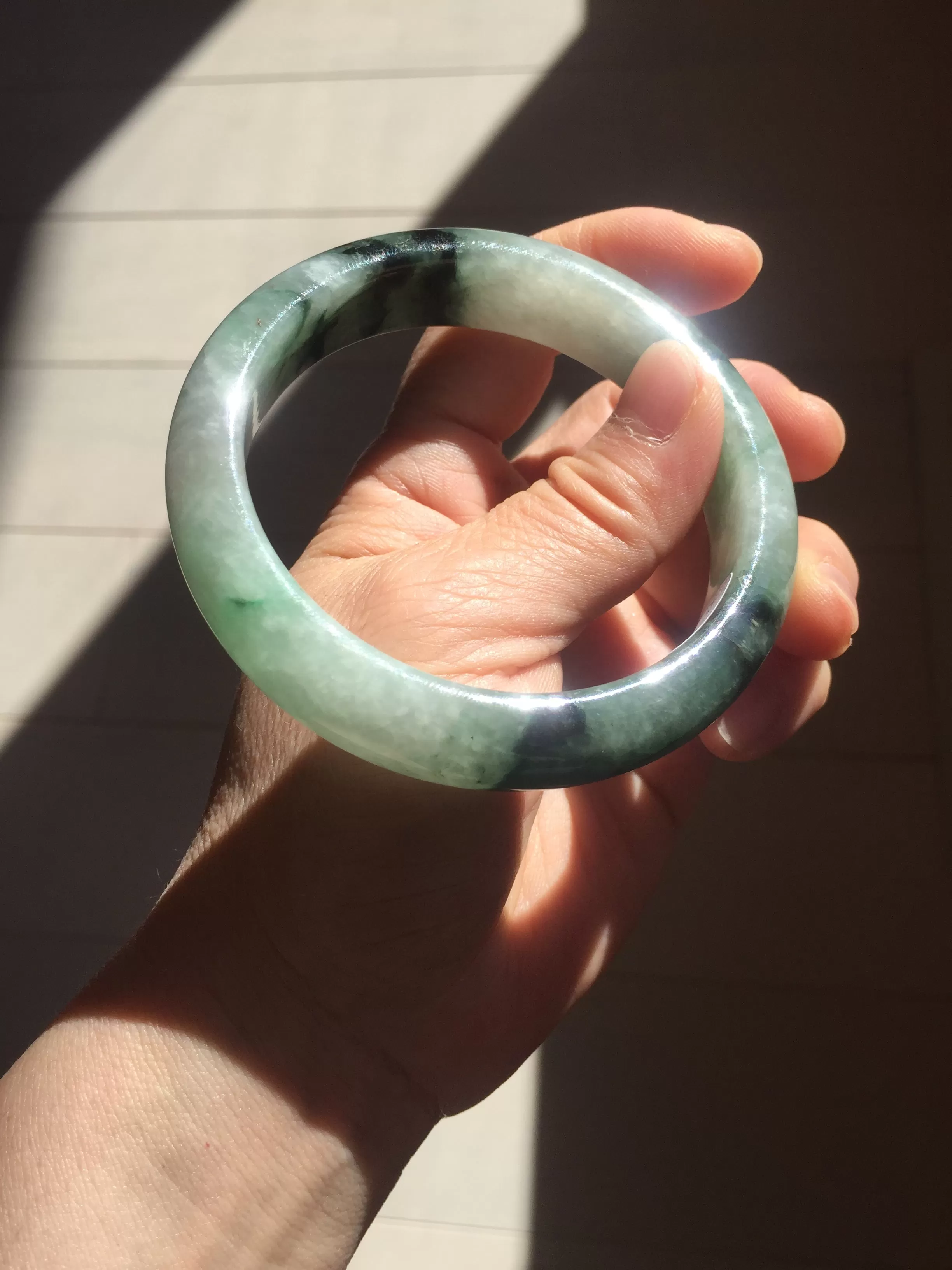 60.3mm certified type A 100% Natural green/black Jadeite Jade bangle BM42-8565