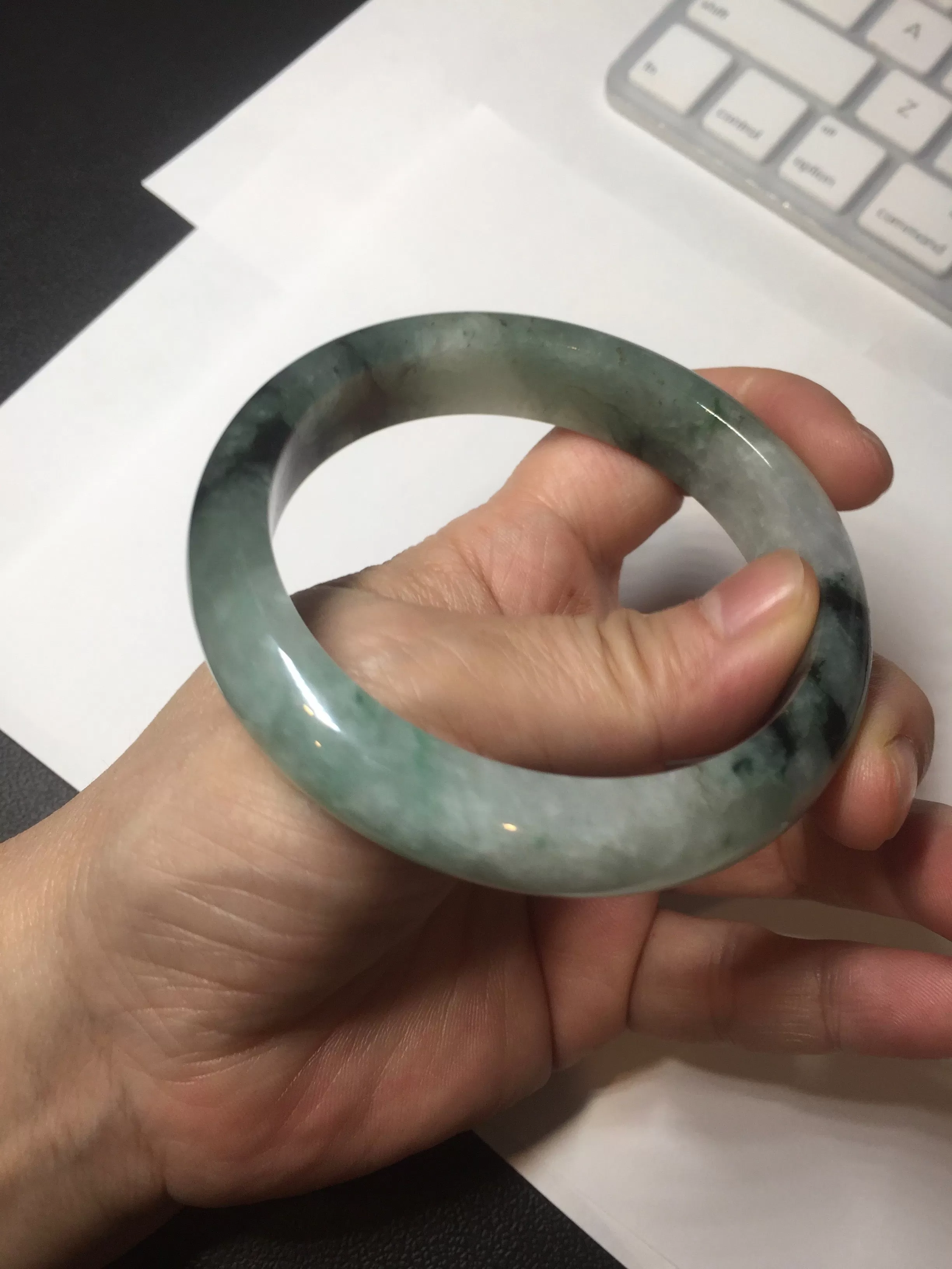 60.3mm certified type A 100% Natural green/black Jadeite Jade bangle BM42-8565