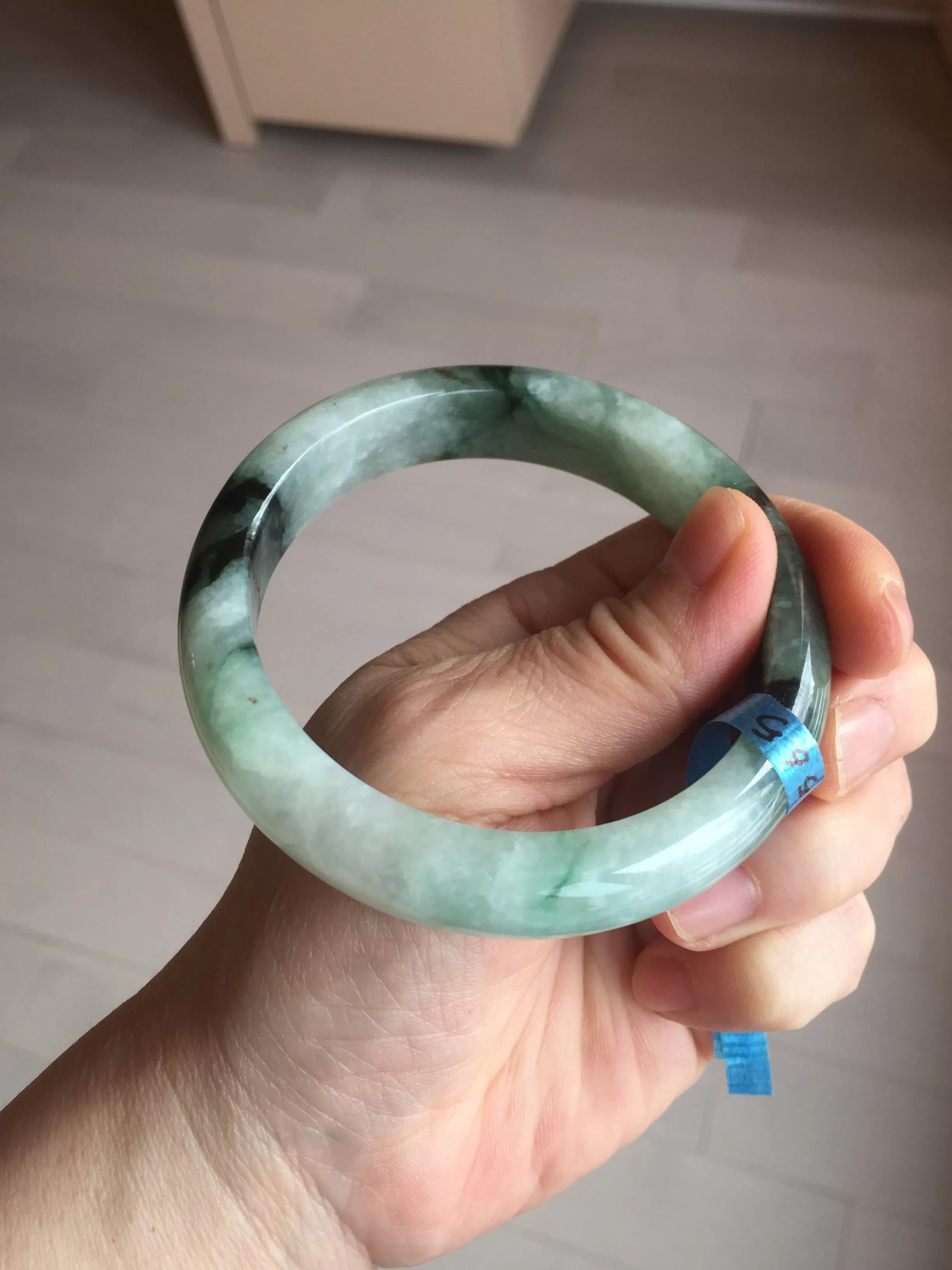 60.3mm certified type A 100% Natural green/black Jadeite Jade bangle BM42-8565