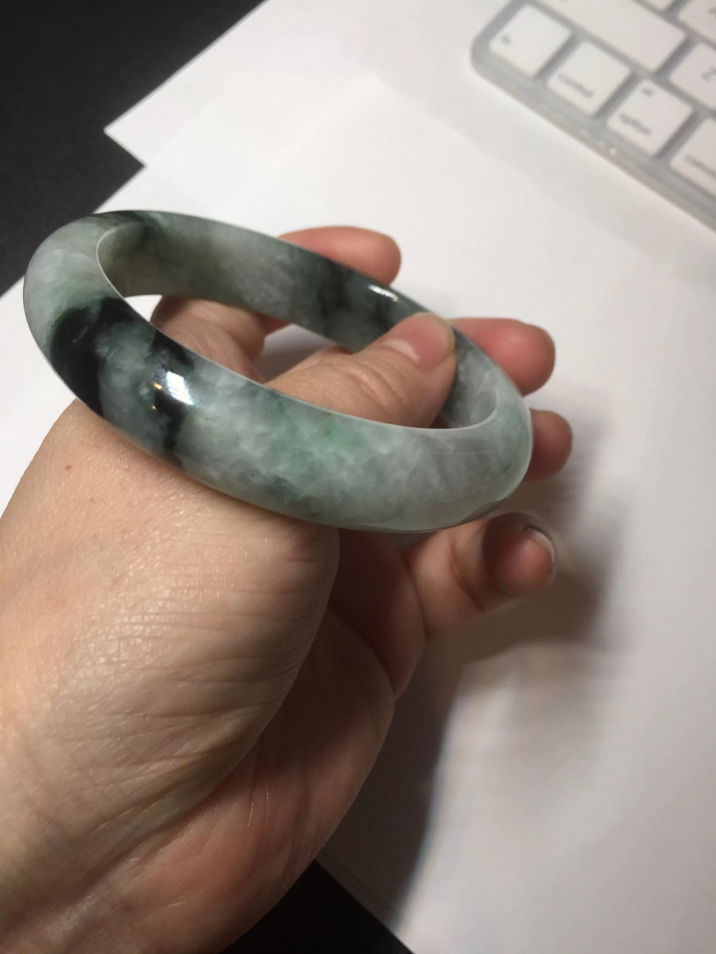 60.3mm certified type A 100% Natural green/black Jadeite Jade bangle BM42-8565