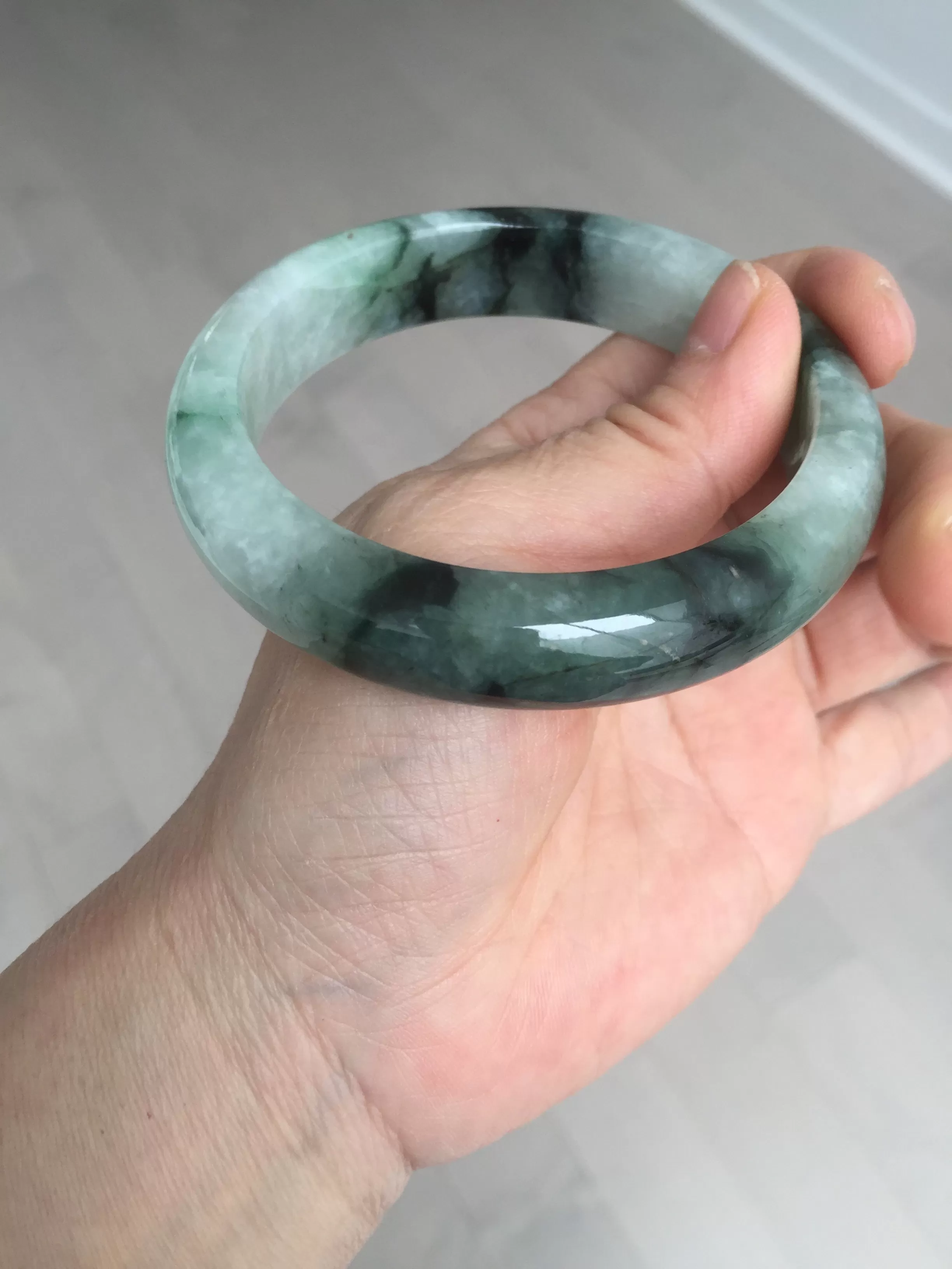 60.3mm certified type A 100% Natural green/black Jadeite Jade bangle BM42-8565