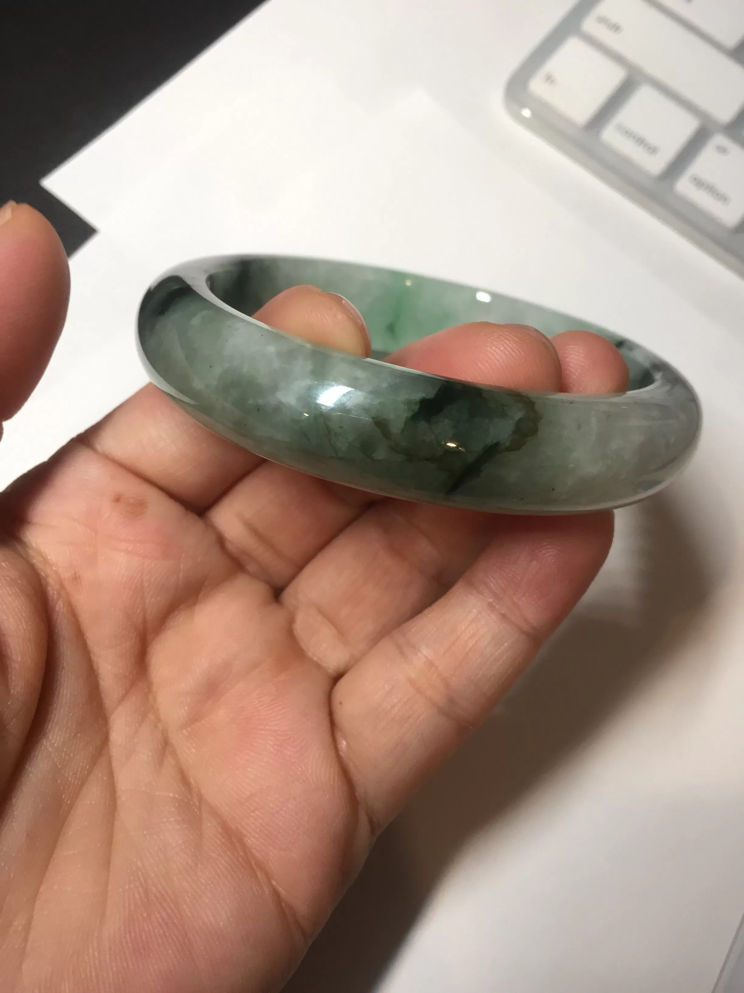 60.3mm certified type A 100% Natural green/black Jadeite Jade bangle BM42-8565