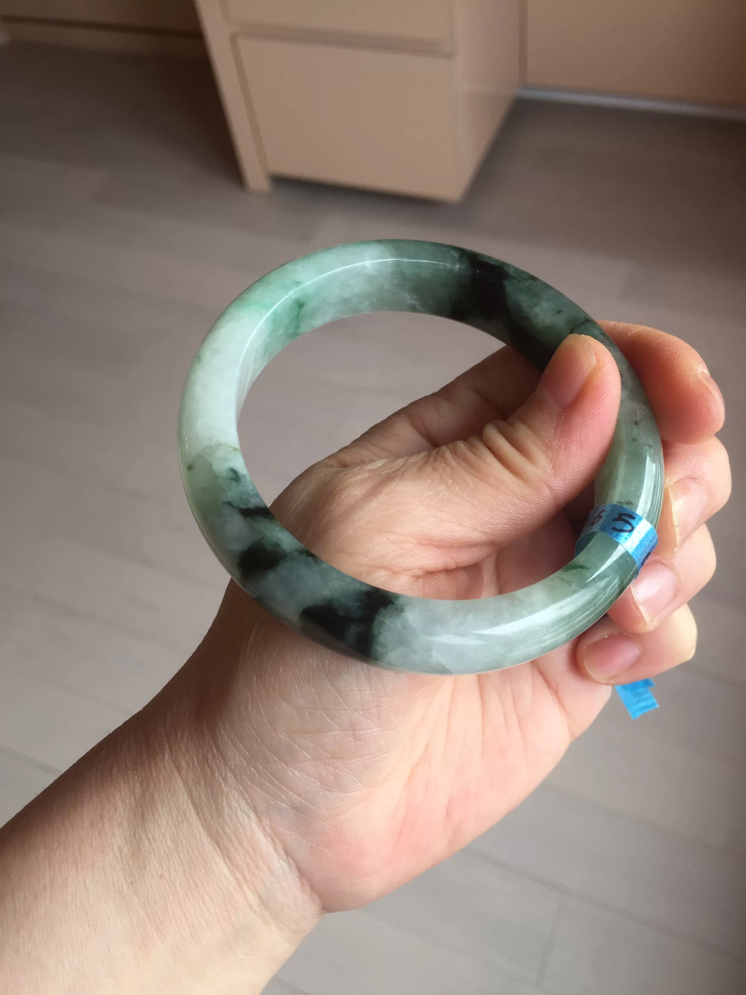 60.3mm certified type A 100% Natural green/black Jadeite Jade bangle BM42-8565