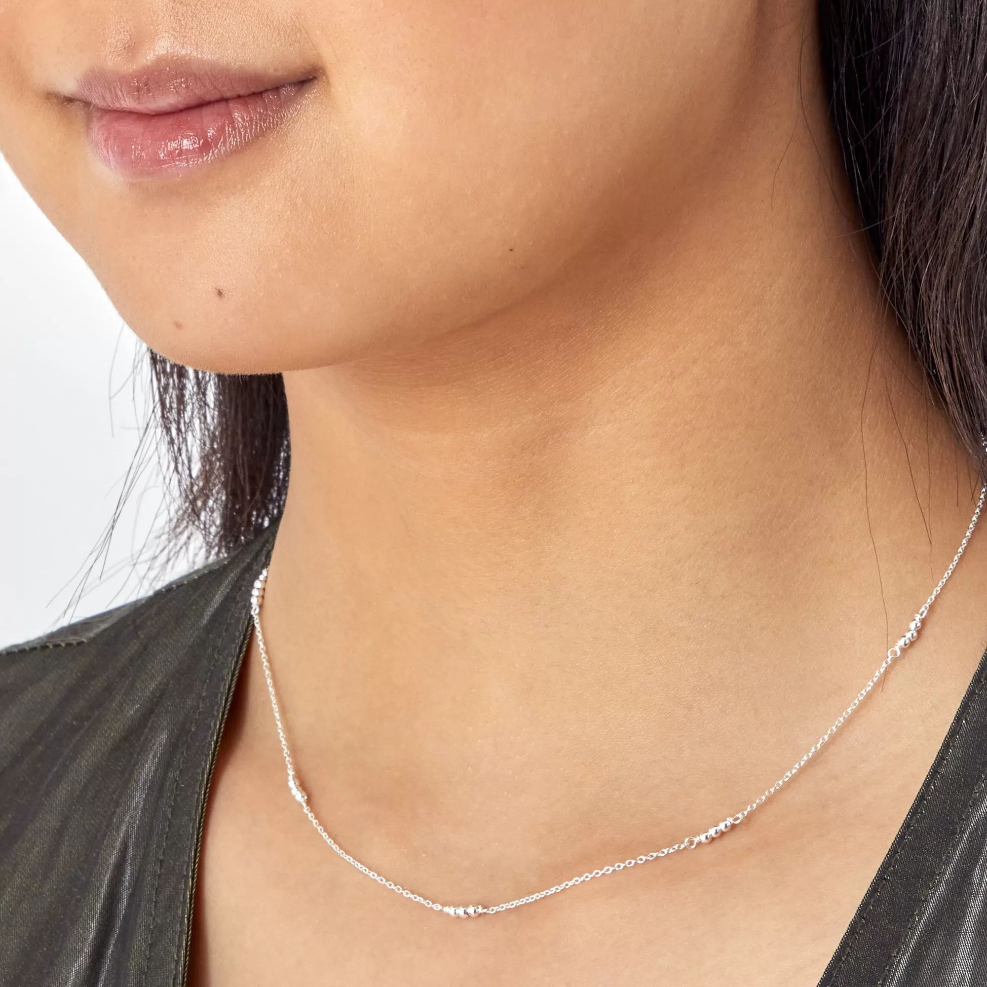 925 Pure Sterling Silver Triple Bead Station Necklace For Women