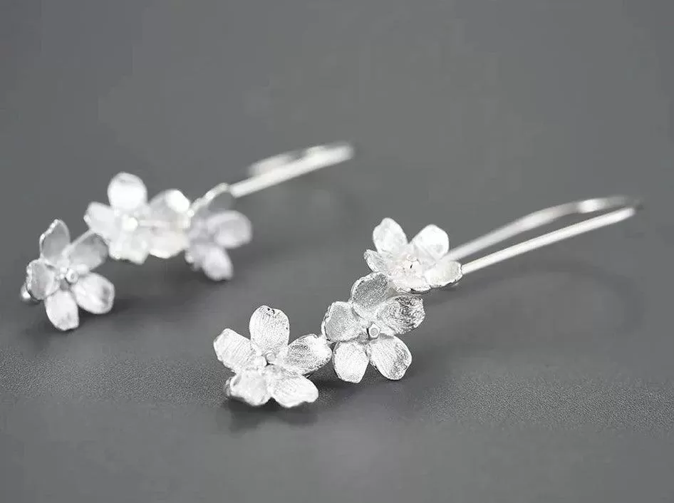 925 Sterling Silver Long Dangle Earring Charm Jewelry with Fresh Elegant Flower - LFJB0256