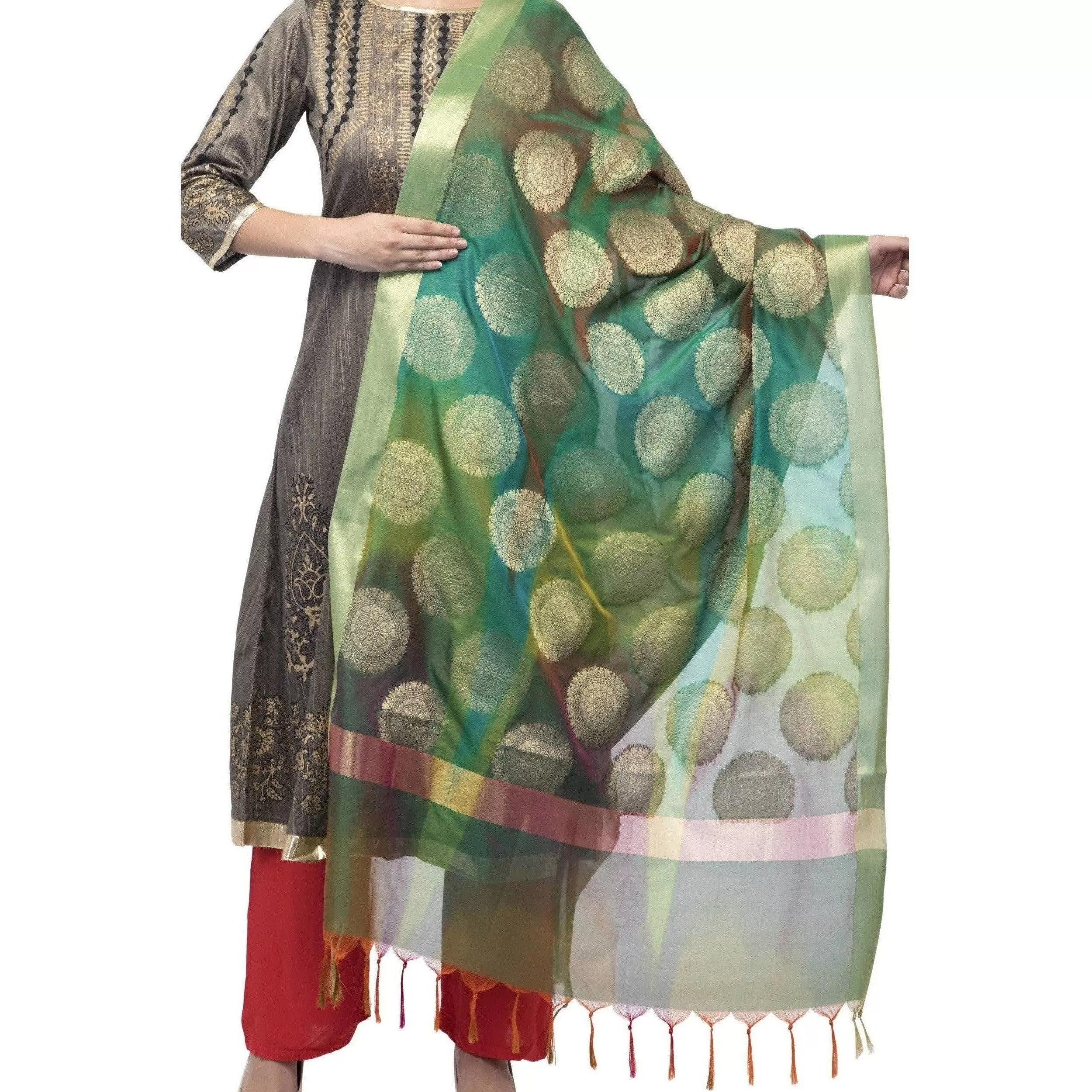 A R Silk Women's Vanarsi Green Silk Zari Embroidery With Multi Color Fancy Dupatta