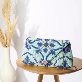 Accessorize London Women's Blue Large Beaded Tile Print Clutch Bag