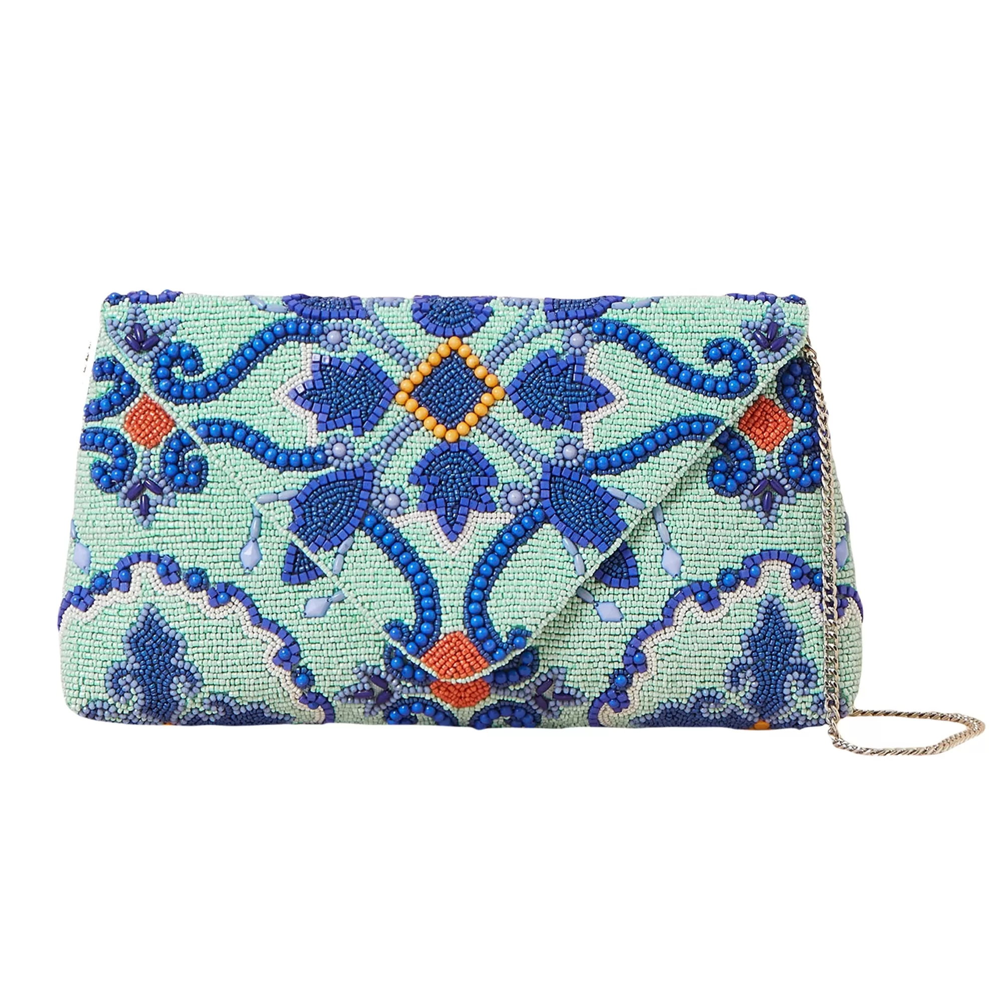 Accessorize London Women's Blue Large Beaded Tile Print Clutch Bag