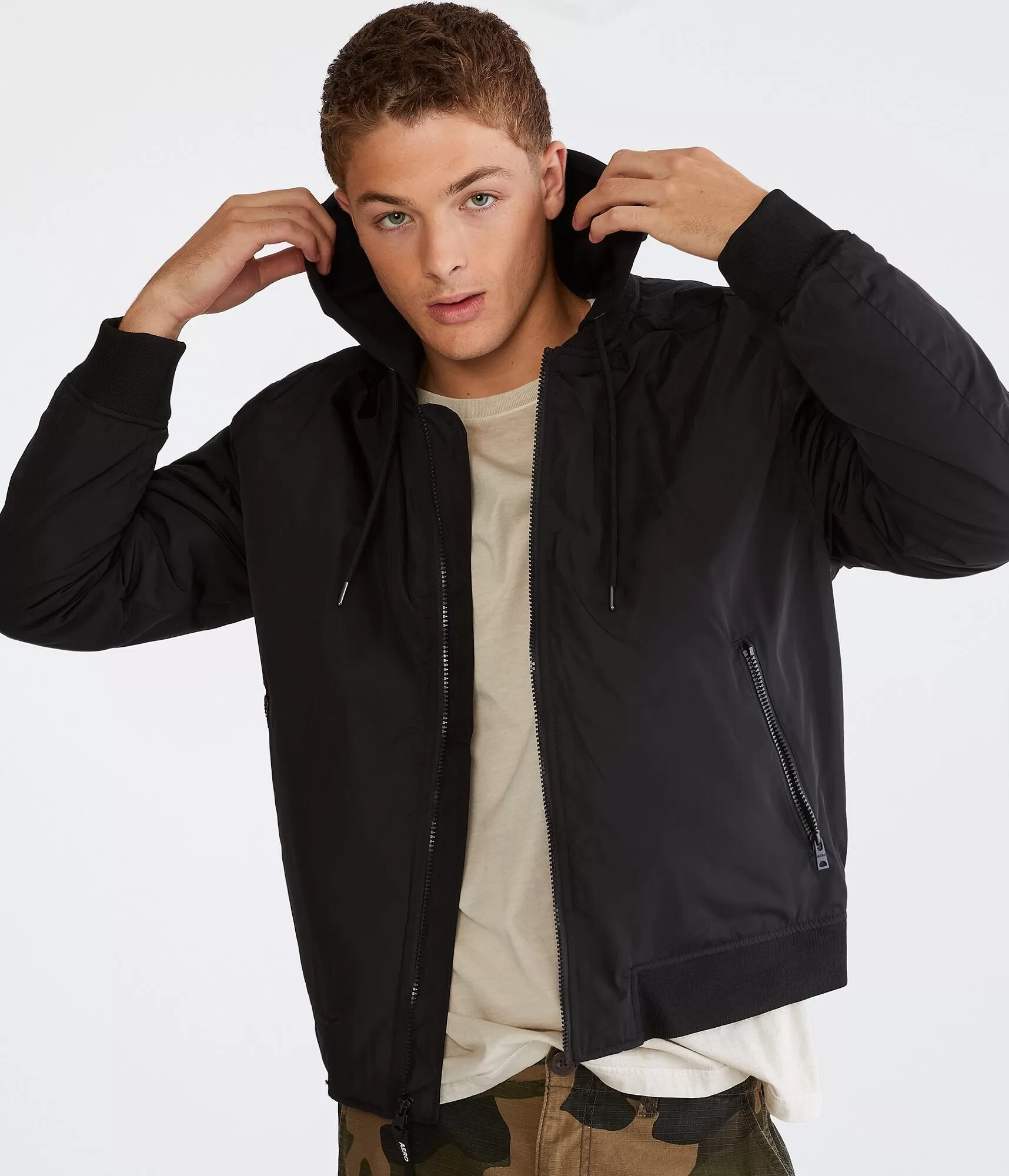 Aeropostale Mens' Hooded Bomber Jacket -  - Size L - Polyester - Teen Fashion & Clothing Black