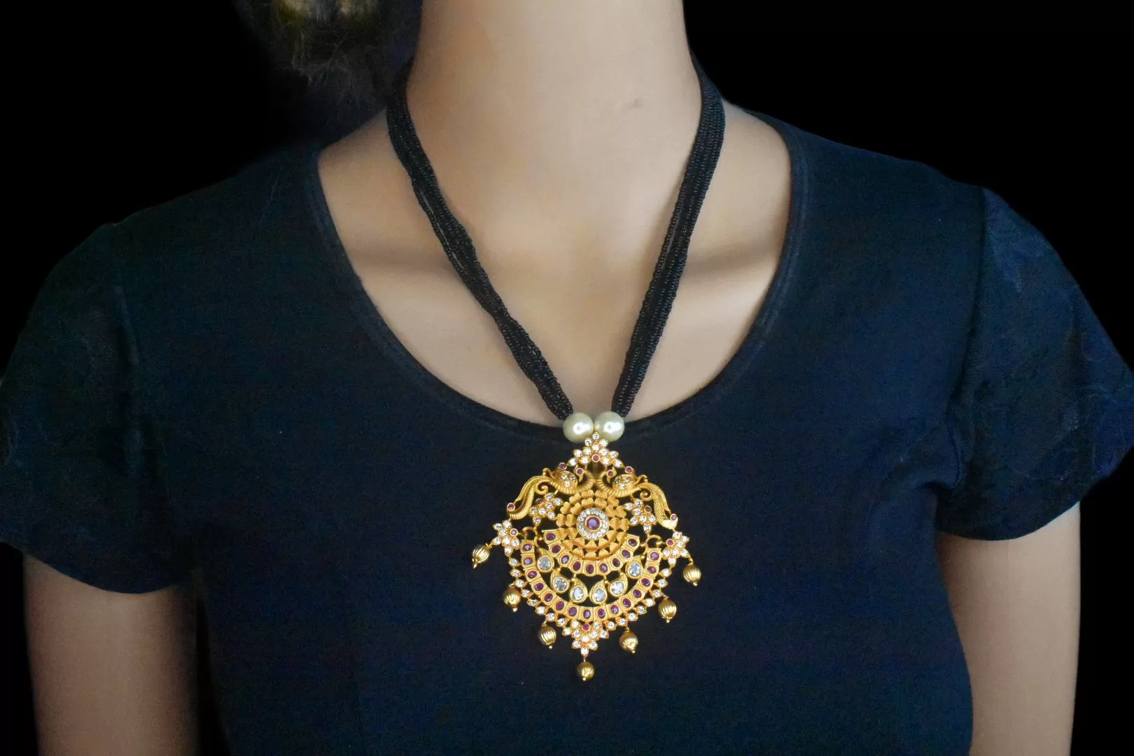 Antique Peacock Pendant With Black Beads Necklace Set By Asp Fashion Jewellery