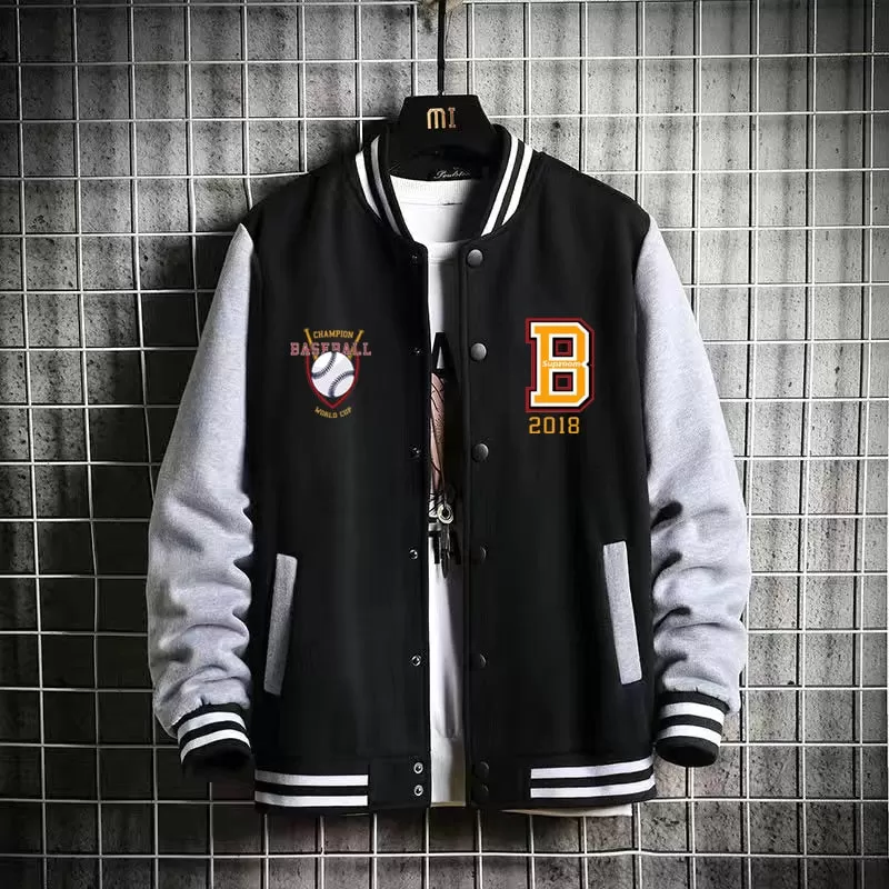 Ashore Shop New Arrival Letter Rib Sleeve Cotton Fashion Logo Single Breasted Casual Bomber Baseball Jacket Loose Cardigan Coat