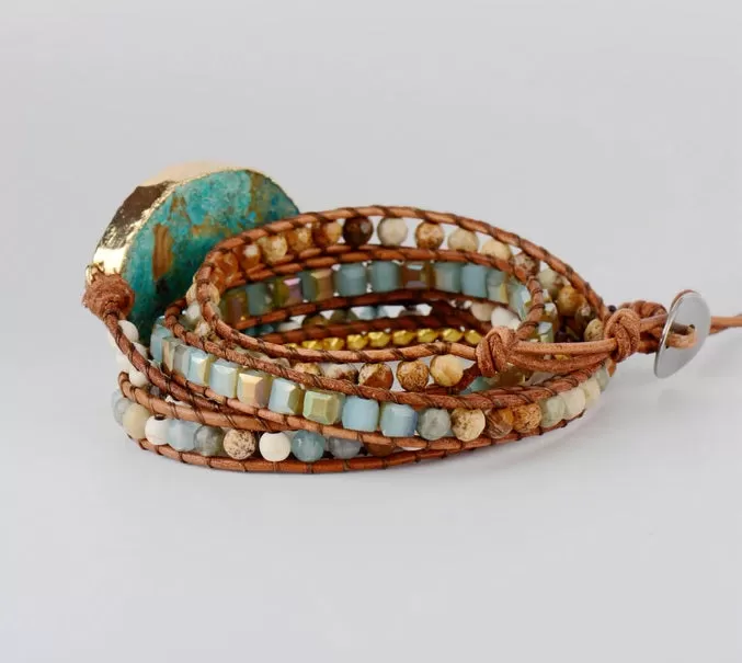 Azurea Gold Gilded Stone Beaded Leather Wrap Bracelet