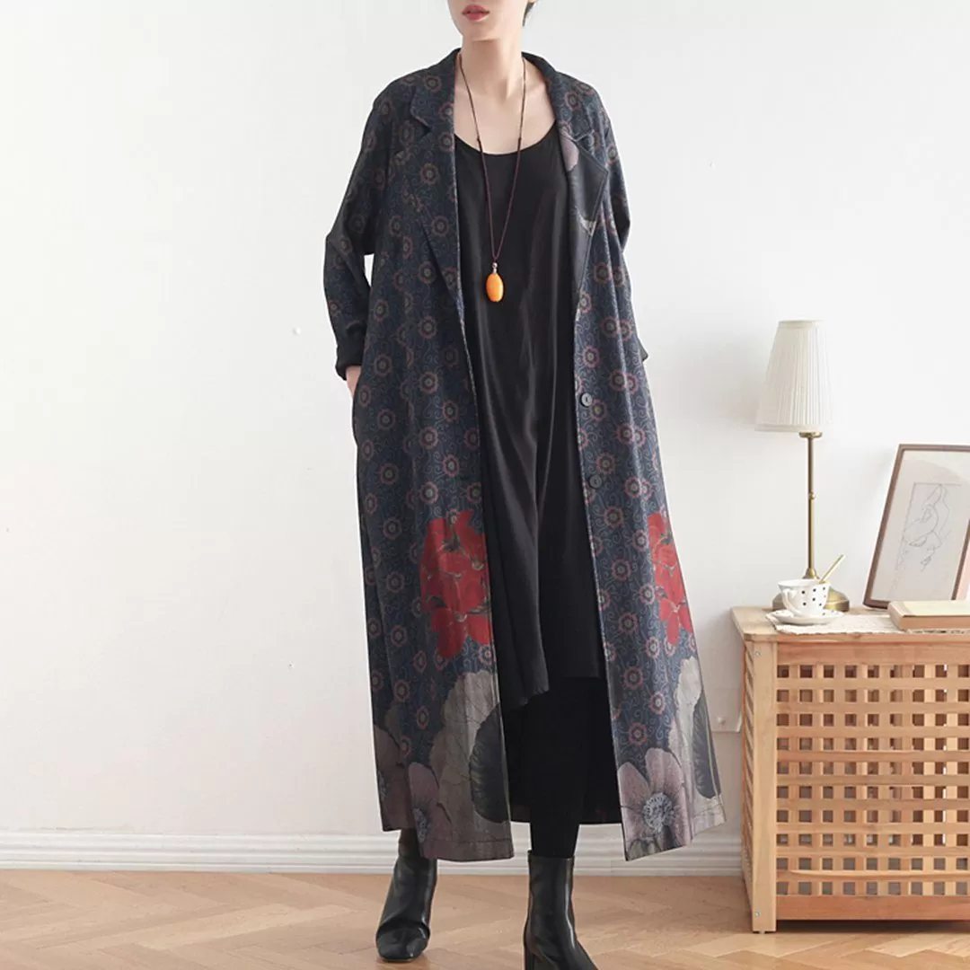 BABAKUD Printed Vintage Loose Casual Long Coat