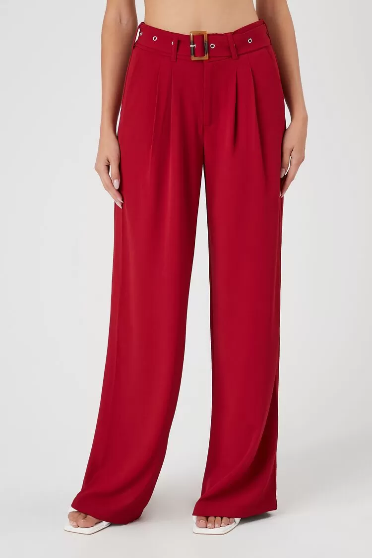 Belted Pleated Wide-Leg Pants