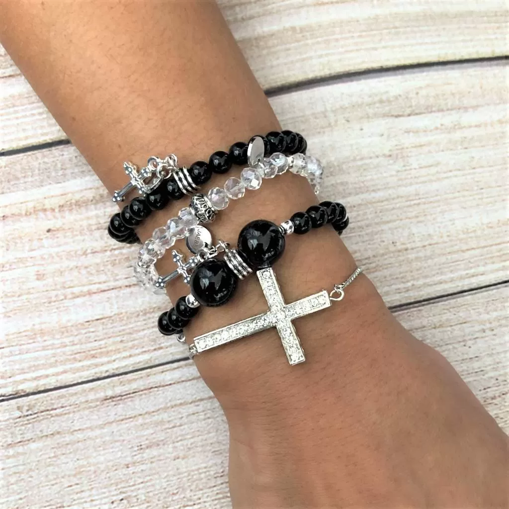 Black and Silver Cross Stack Bracelet Set