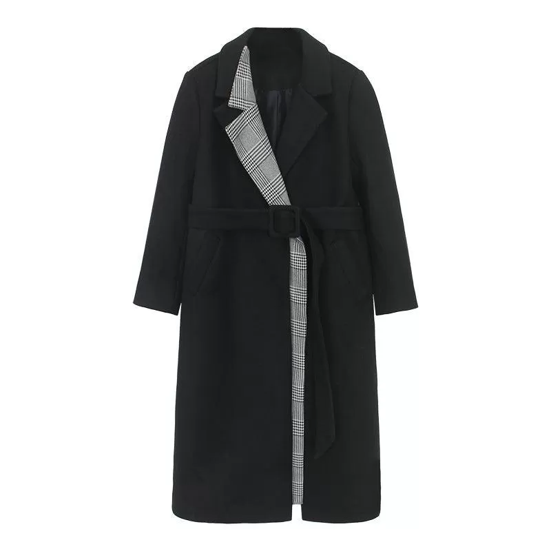 Black Match Plaid Thicken Long Wool Coat