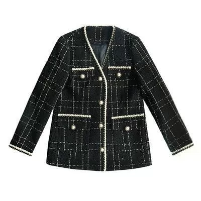 Black V-Neck Plaid Tweed Coat Women