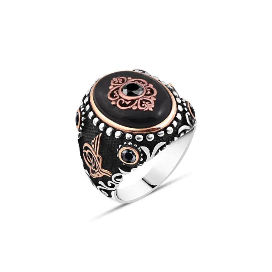 Black Zircon Eye Figure on Black Onyx Stone Ellipse Silver Men's Ring Siding Ottoman Tughra and Zircon Stones