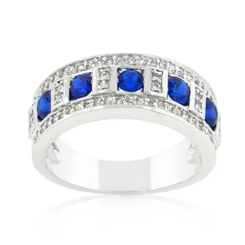 Blue and Clear Encrusted Rhodium Plated Ring