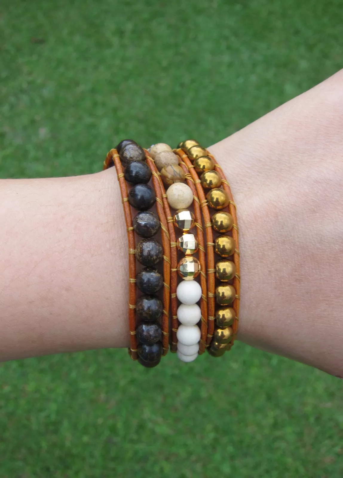 Bronzite, Picture Jasper, Matte White Fossil, Hematite 3X Wrap Bracelet