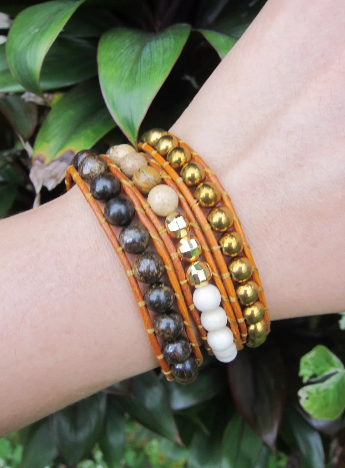 Bronzite, Picture Jasper, Matte White Fossil, Hematite 3X Wrap Bracelet