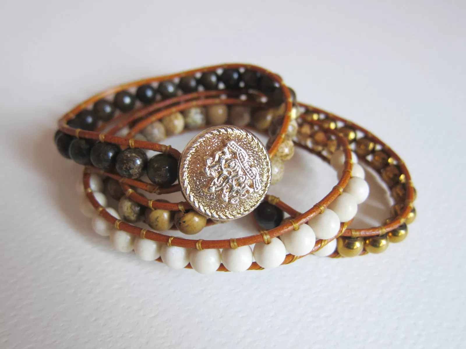 Bronzite, Picture Jasper, Matte White Fossil, Hematite 3X Wrap Bracelet