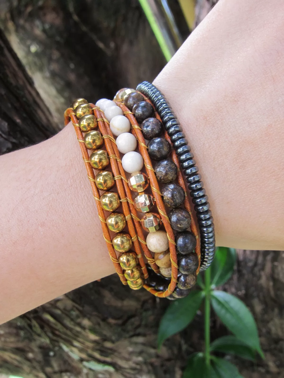 Bronzite, Picture Jasper, Matte White Fossil, Hematite 3X Wrap Bracelet