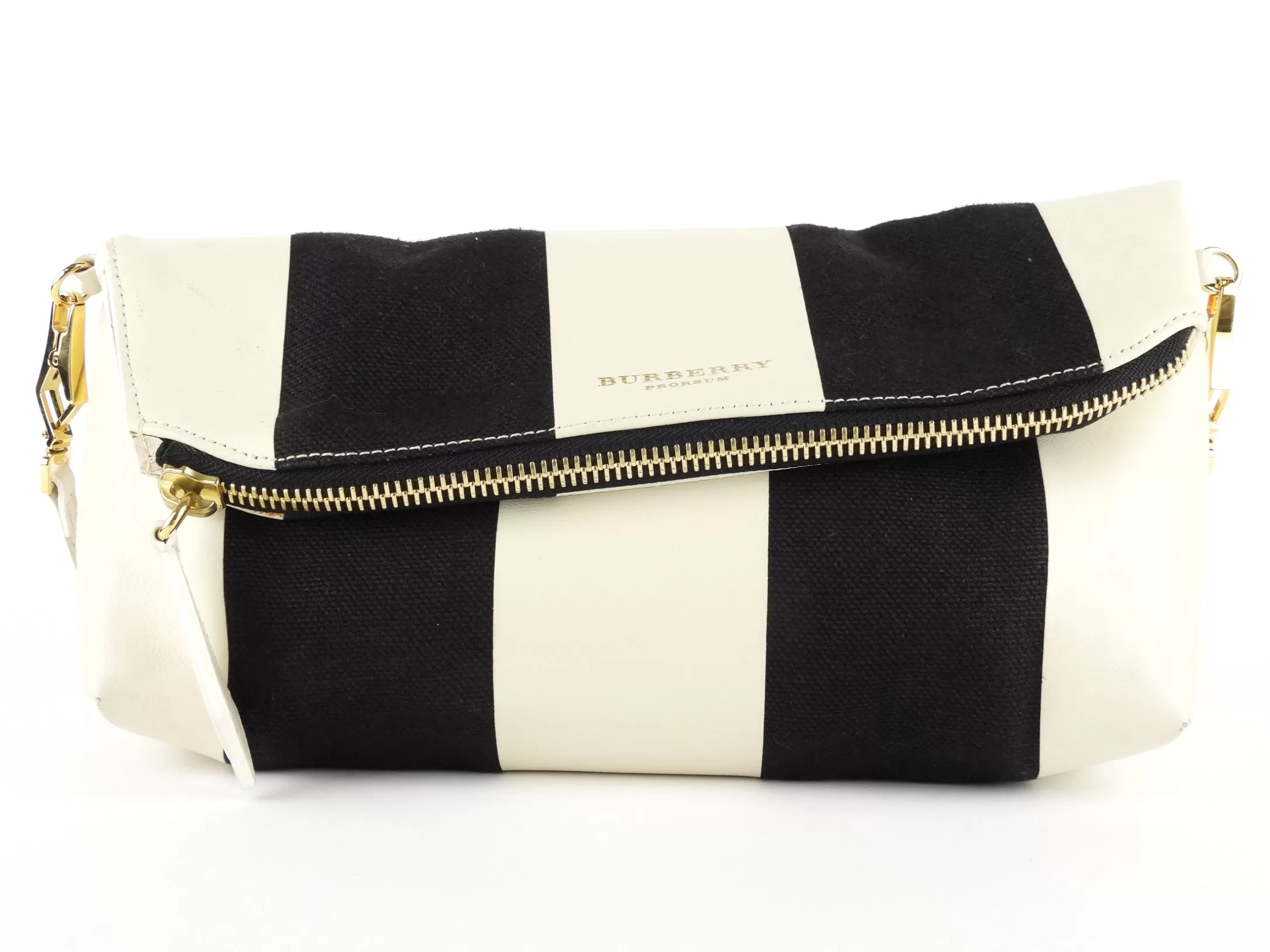 Burberry Prorsum Black and White Striped Coated Canvas Fold-Over Zip Pouch with Strap