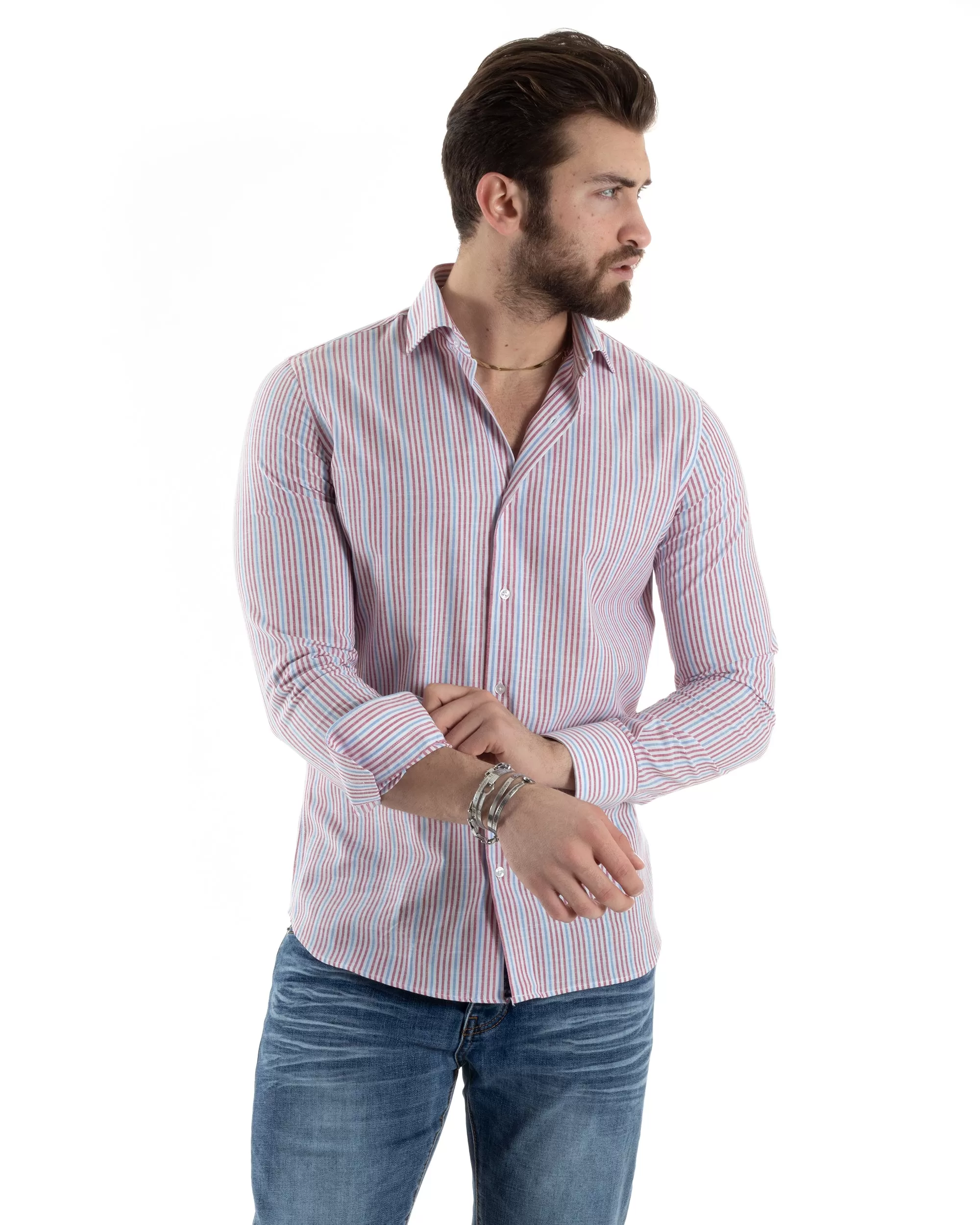 Camicia Uomo Con Colletto Francese Manica Lunga Lino Riga Stretta Rosso Blu Casual GIOSAL-C2821A