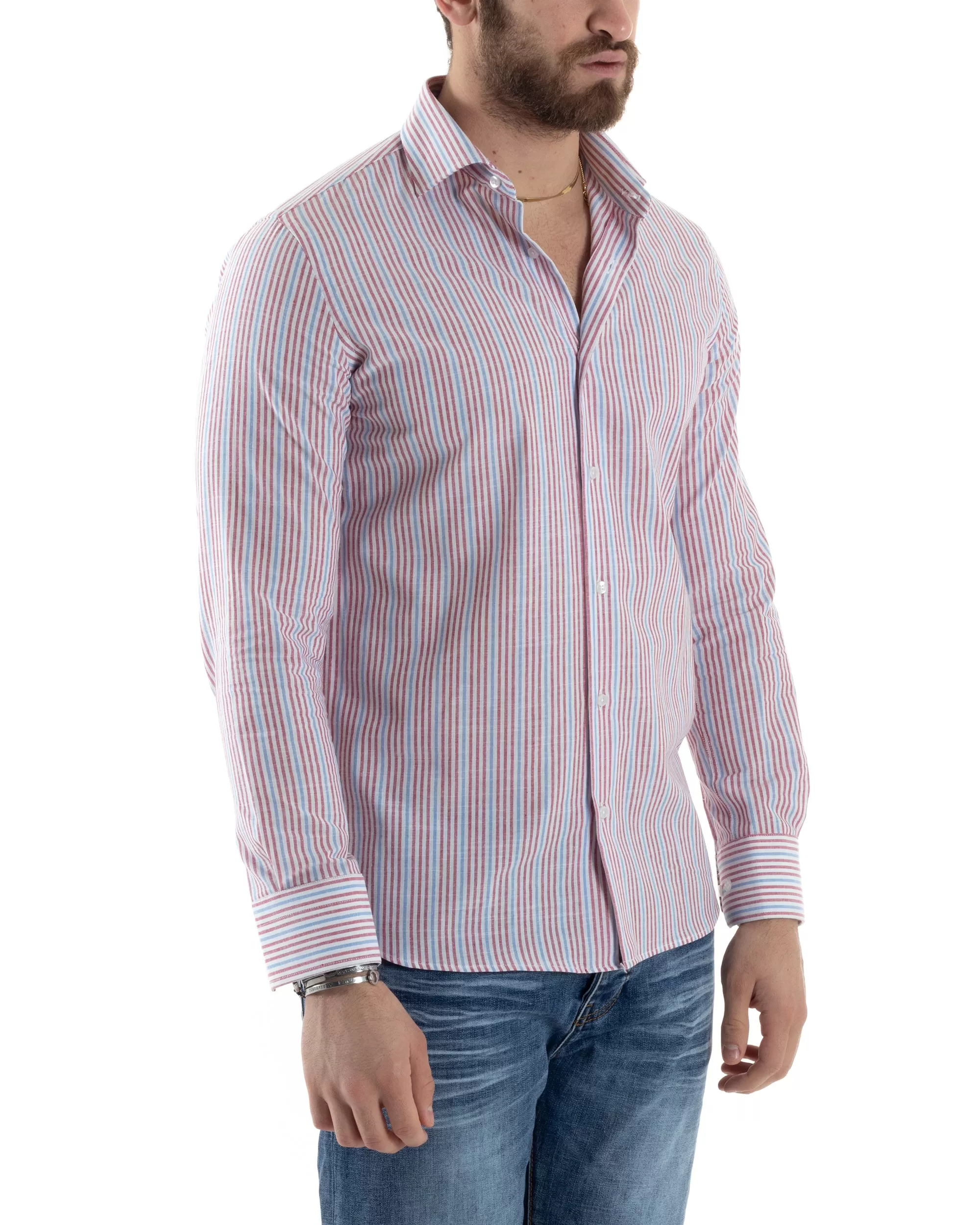 Camicia Uomo Con Colletto Francese Manica Lunga Lino Riga Stretta Rosso Blu Casual GIOSAL-C2821A