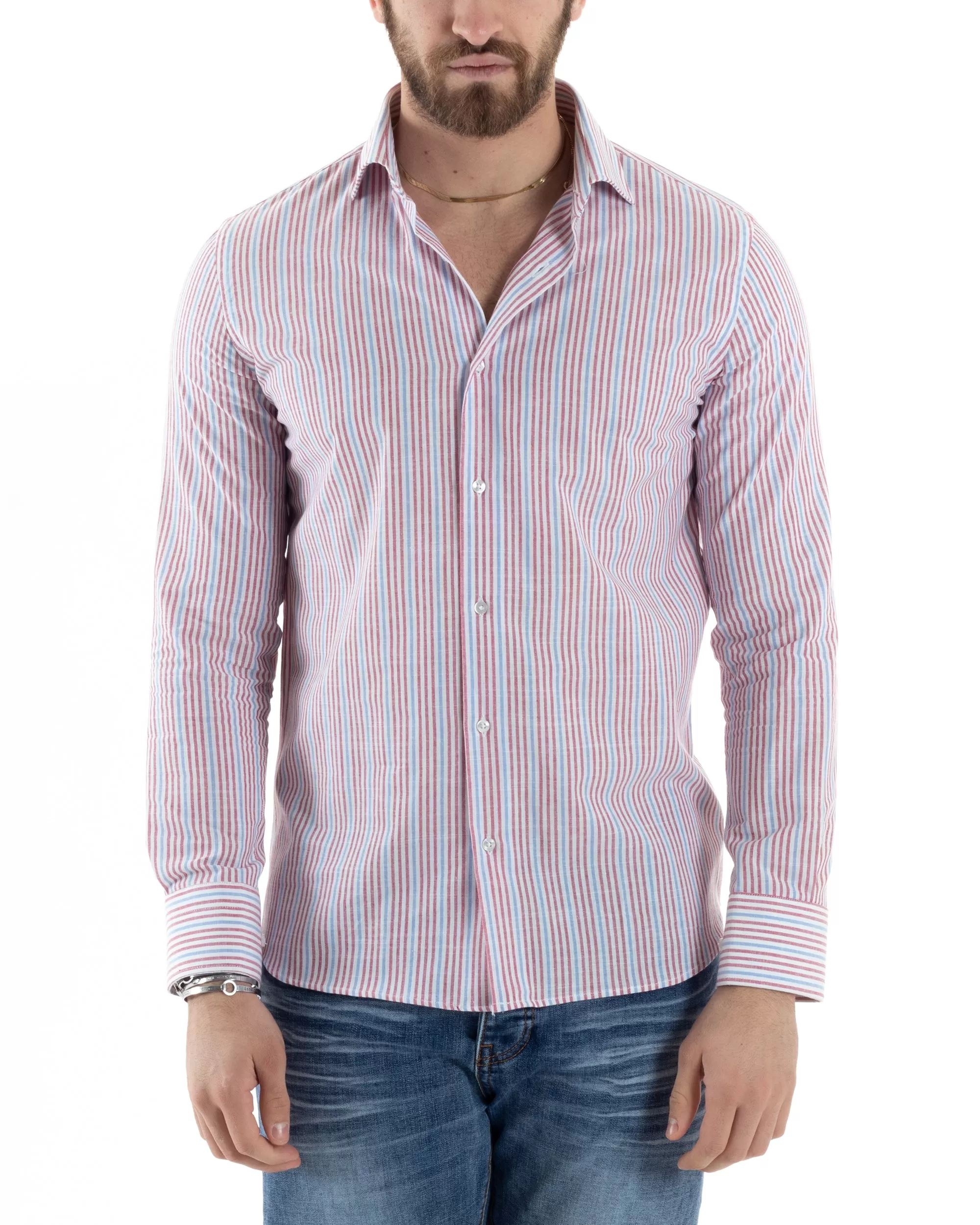 Camicia Uomo Con Colletto Francese Manica Lunga Lino Riga Stretta Rosso Blu Casual GIOSAL-C2821A