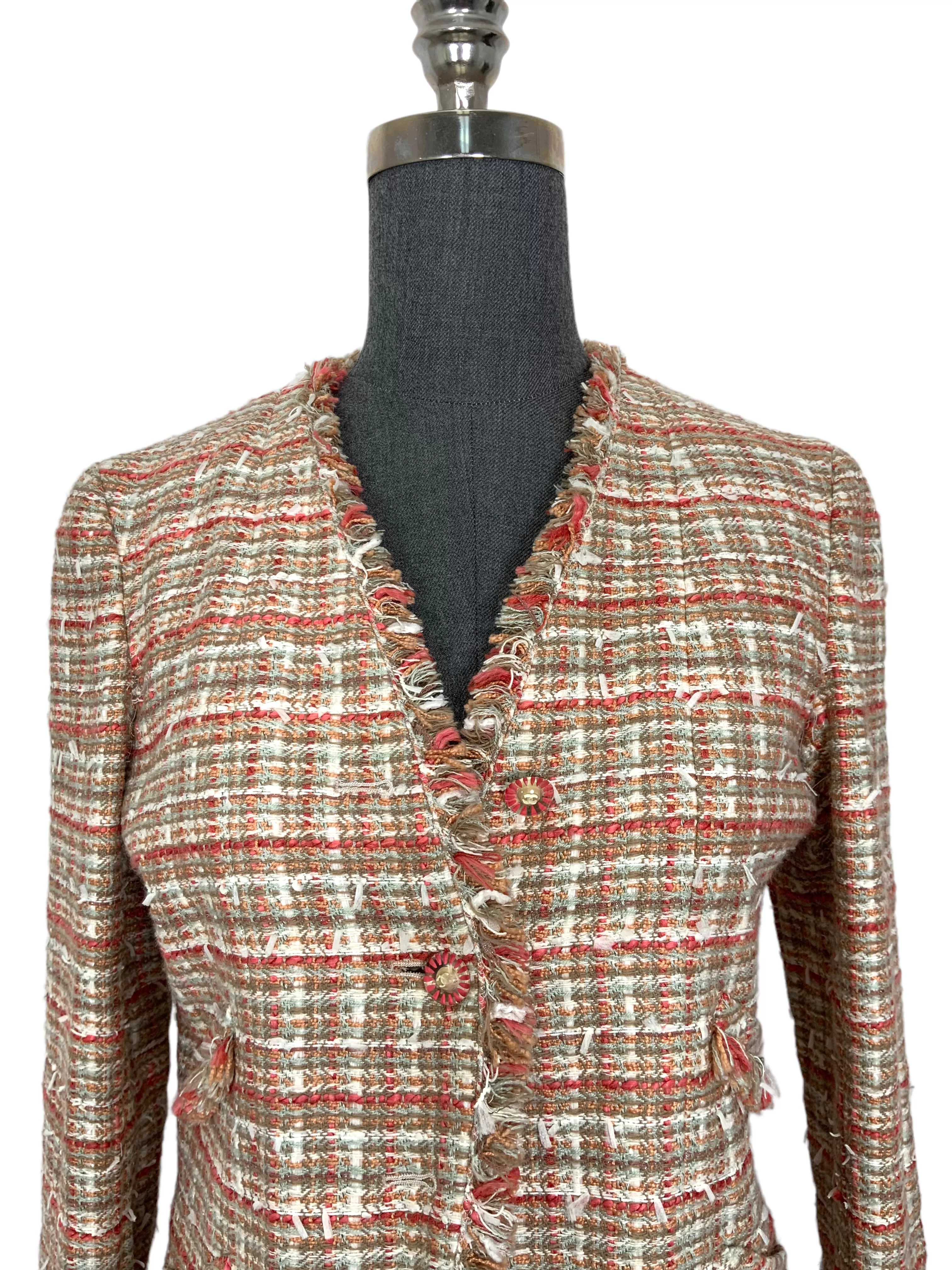 CHANEL 04P Plaid Tweed Skirt Suit Size S