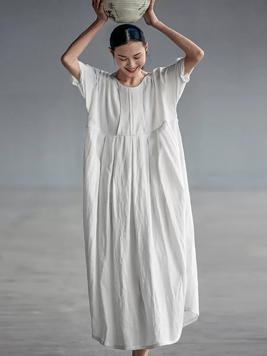 Chinese Style Elegant Pleated Loose Linen Dress