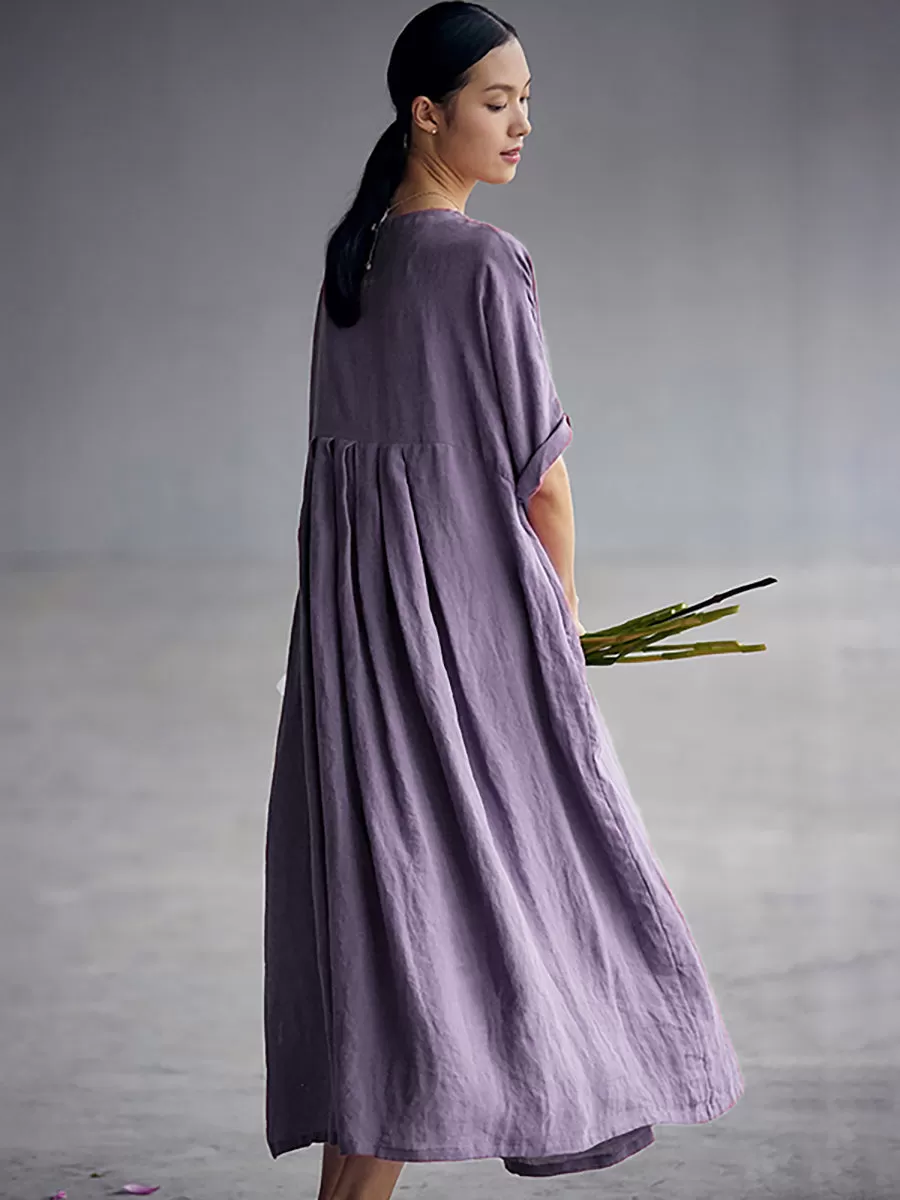 Chinese Style Elegant Pleated Loose Linen Dress